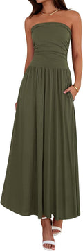 BTFBM Strapless Ruched Maxi Dress for Women - Flowy Beach to Party 4-6