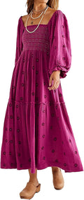 Women Floral Embroidered Maxi Dress Long Puff Sleeve Square Neck worn