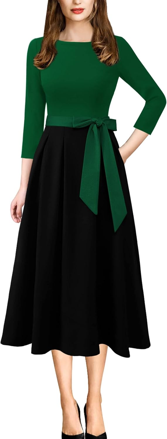 Elegant Pockets Belted A-Line Midi Dress for Women