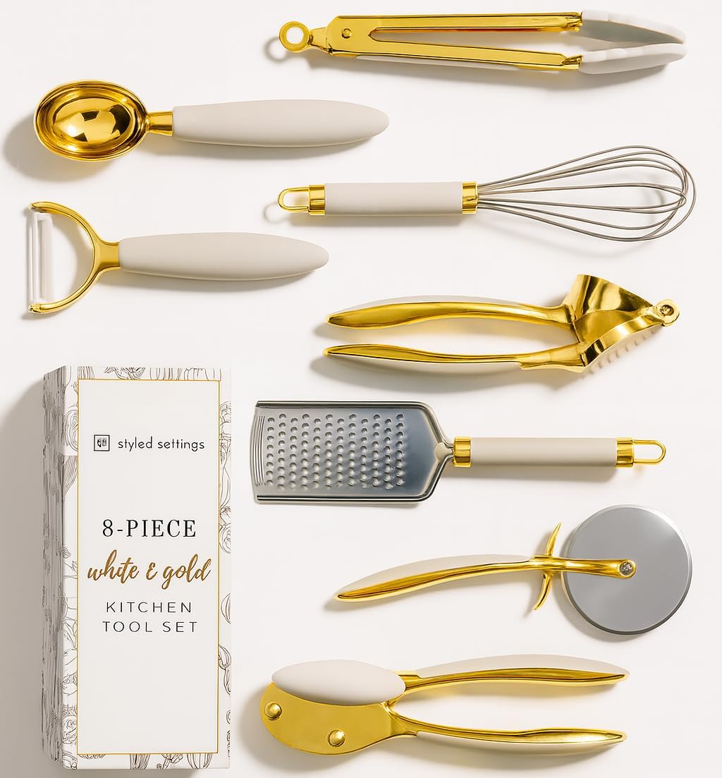 White & Gold Cooking Utensils Set - Luxe 8-Piece Kitchen Gadgets