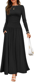 ZESICA Long Sleeve Fall Maxi Dress - Slim Pleated Knit