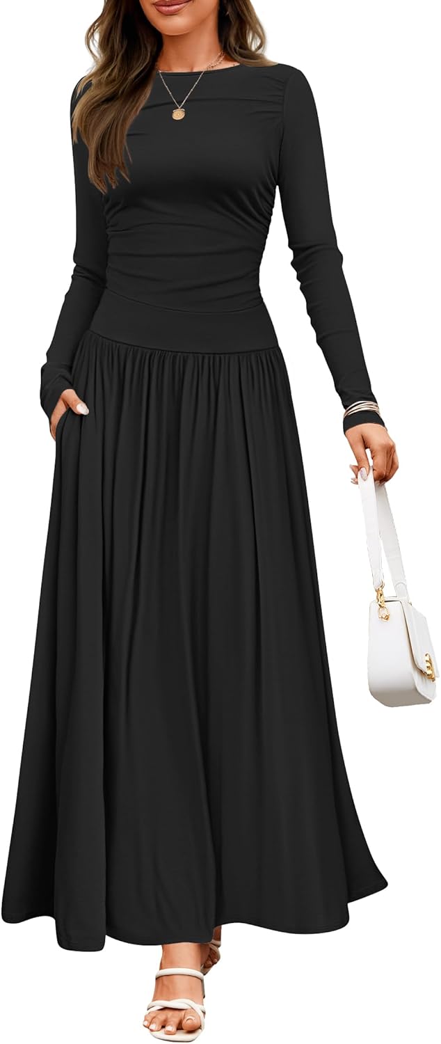 ZESICA Women's Long Sleeve Maxi Dress with Pockets for Fall