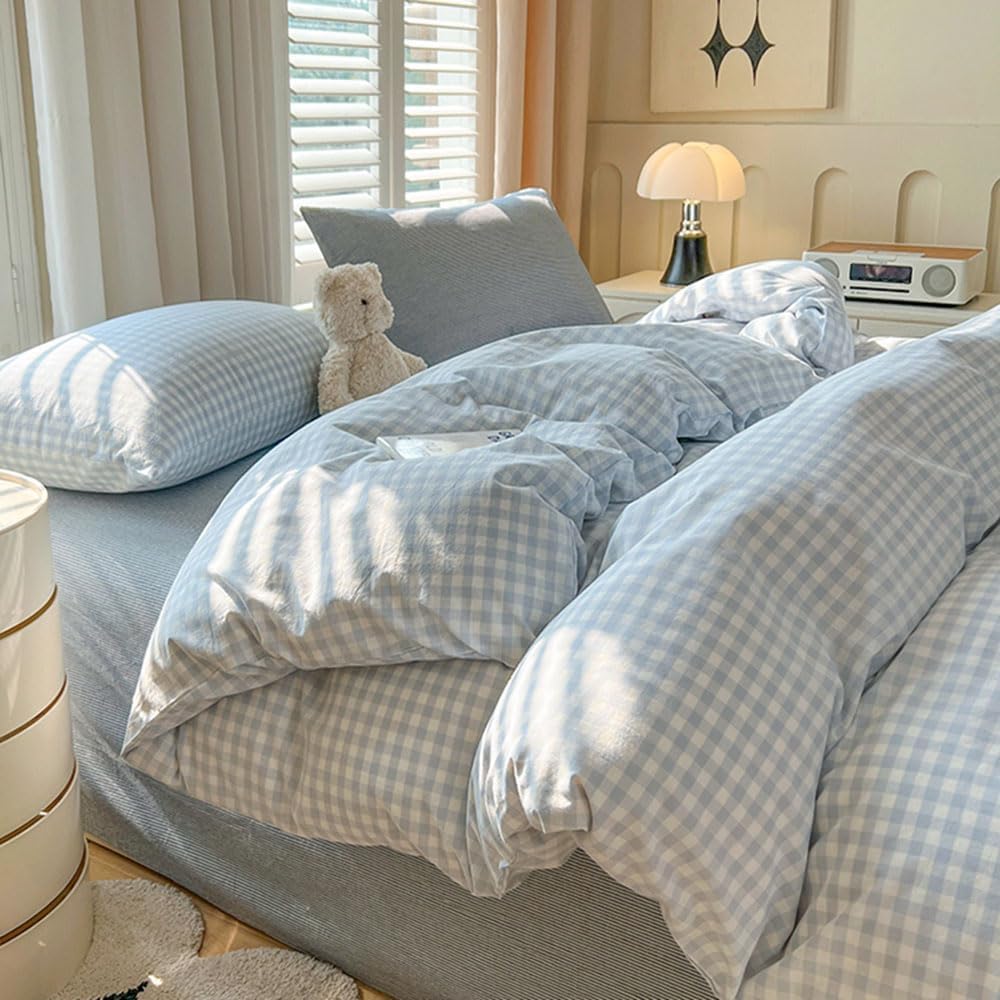 Gingham Duvet Cover King Size Blue White Plaid Comforter Set
