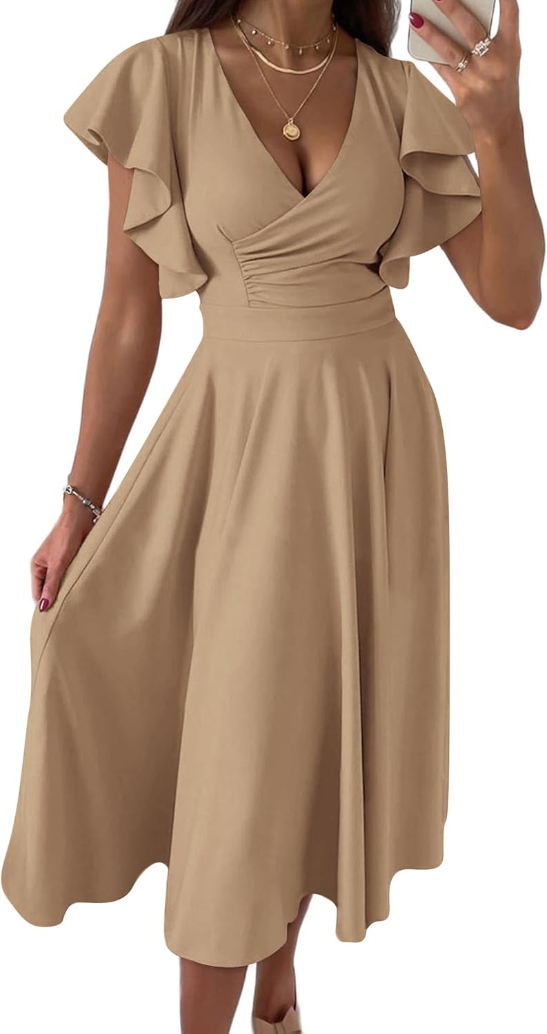 Elegant Classy Ruffle Sleeve Midi Dress for Summer Events