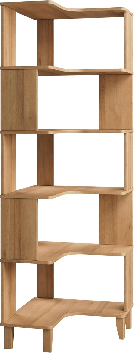 Prepac Nordik 6-Tier Natural Oak Corner Bookcase for Storage