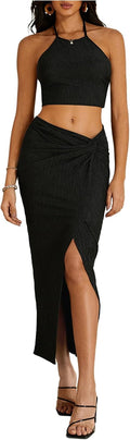 Women's Textured Halter Crop Top & Twist Front Split Thigh Maxi Set
