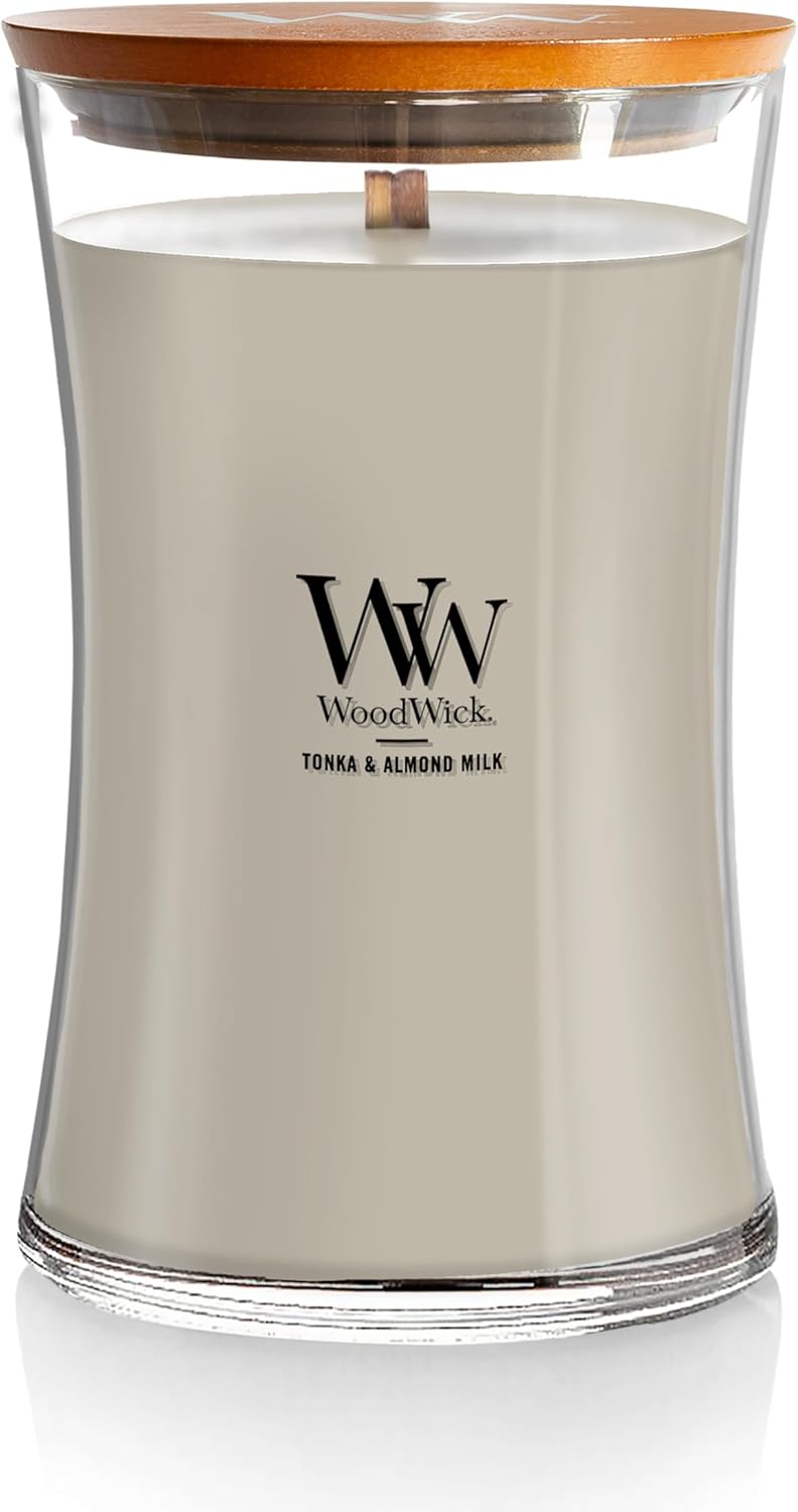 WoodWick Large Hourglass Candle Tonka Almond Milk for Relaxation