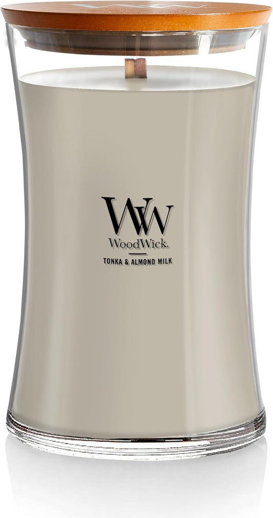 WoodWick Large Hourglass Candle Tonka Almond Milk for Relaxation