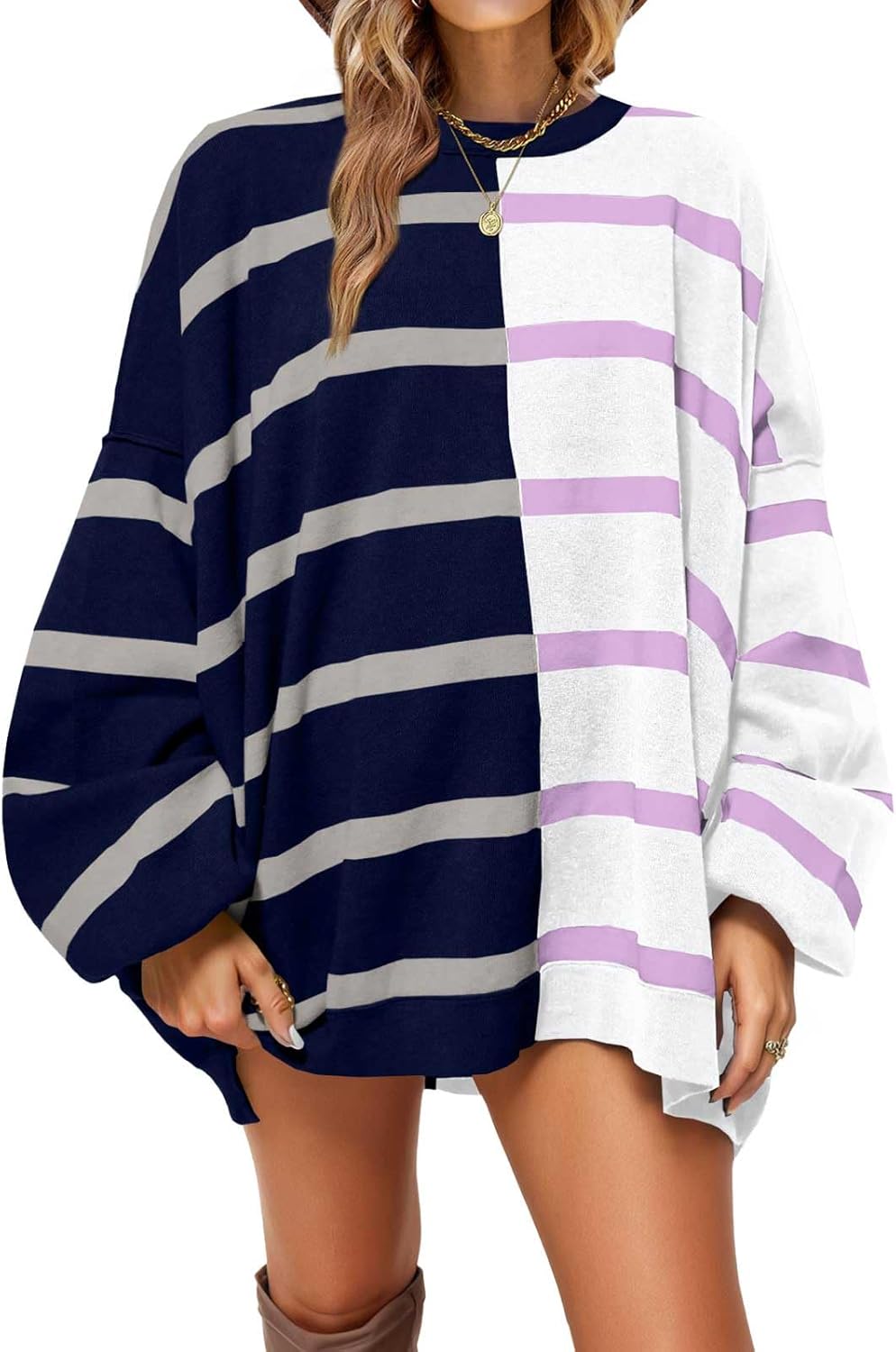 Womens Striped Pullover Sweater for Casual Fall Fashion