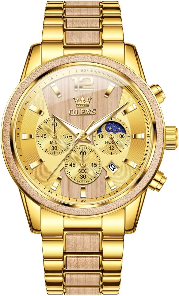 OLEVS Men Watch Blue Gold Analog Quartz Stainless Steel Waterproof