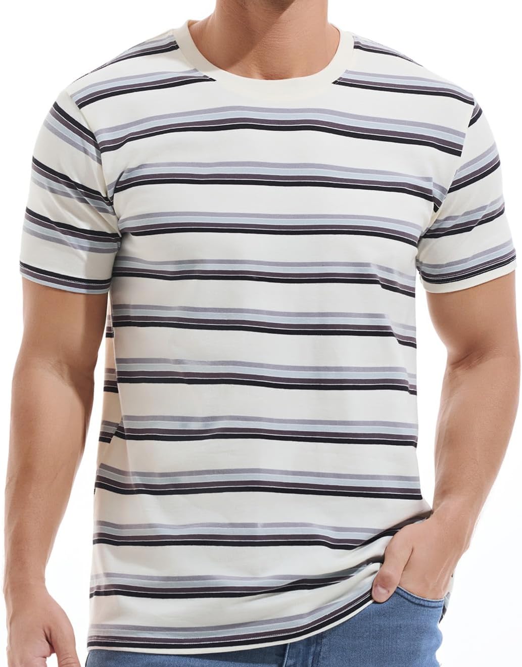 VEIISAR Men's Crewneck Striped T-Shirt for Comfort and Style