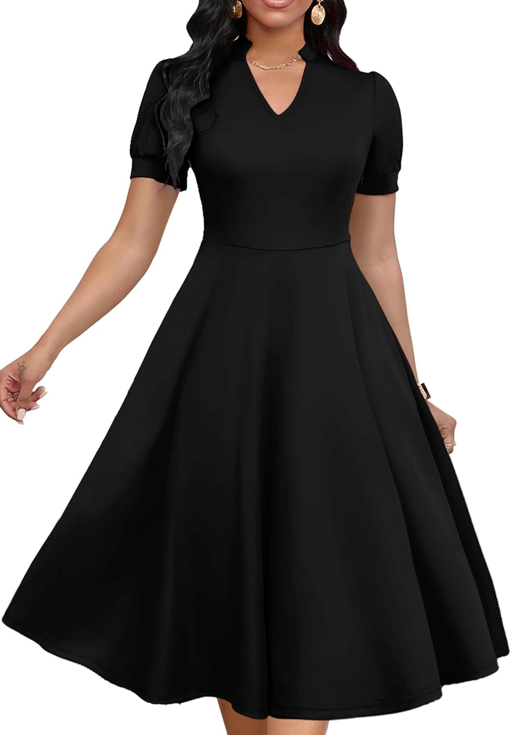 Womens Short Puff Sleeve V Neck Casual A-Line Cocktail Dress