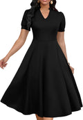 Womens Short Puff Sleeve V Neck A-Line Dress - Comfortable Elegant