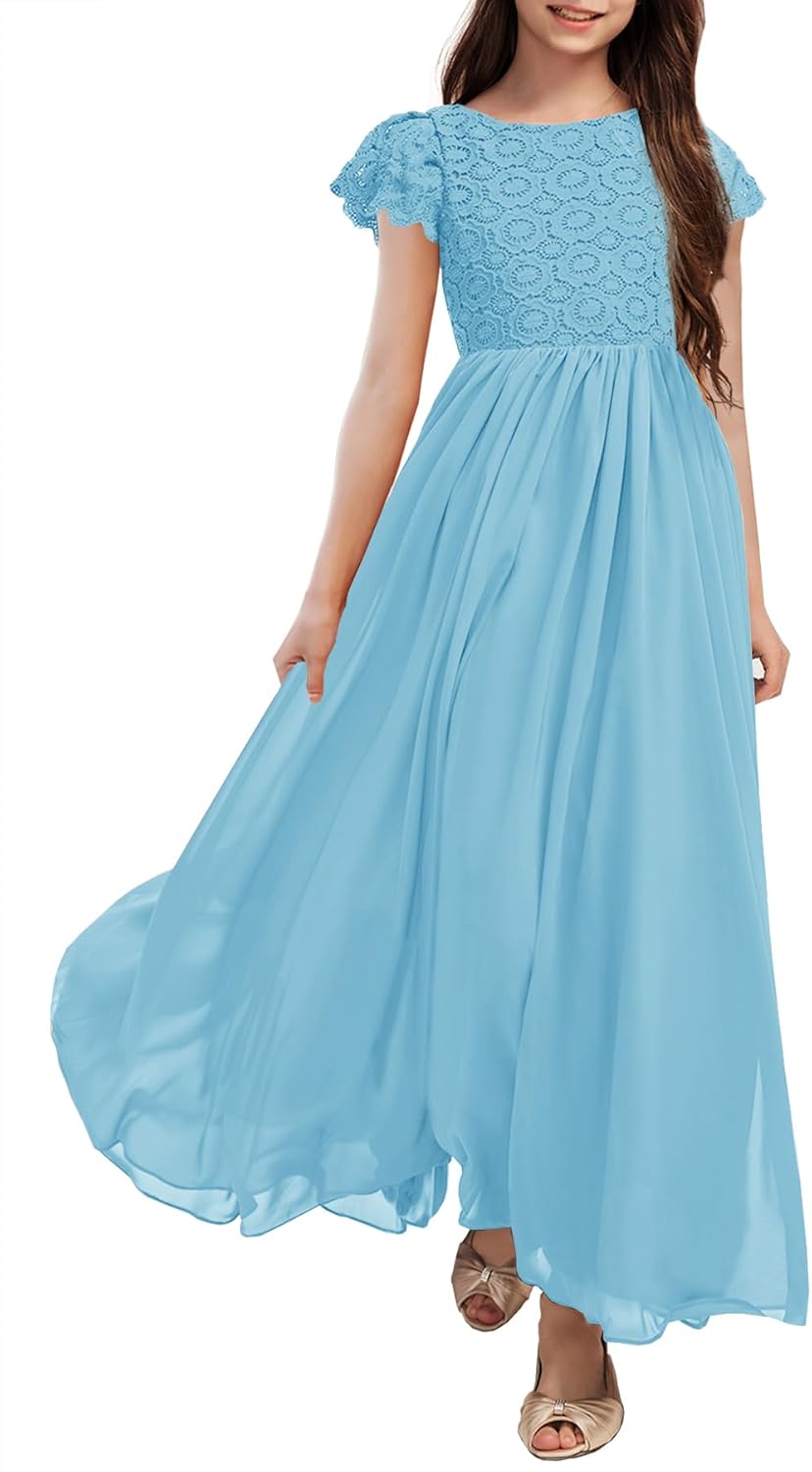 HOSIKA Girls Vintage Chiffon Ruffle Sleeve A-Line Maxi Dress