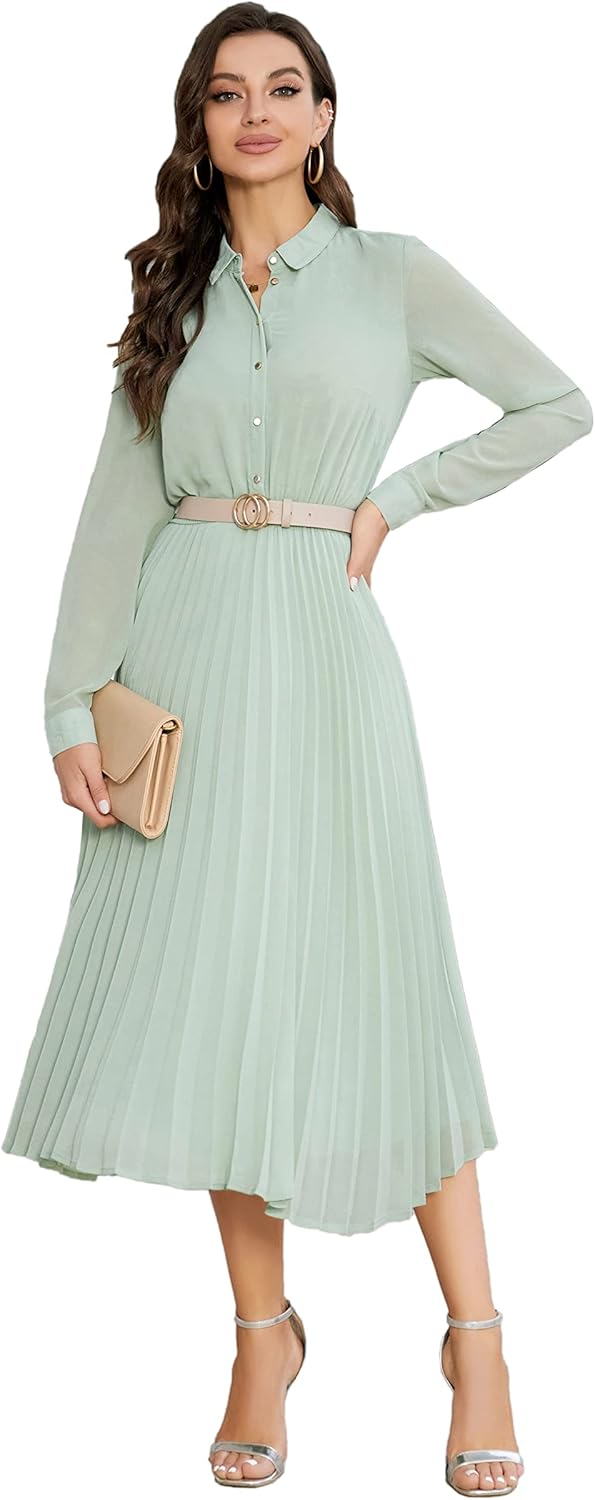Business Casual Shirt Dress for Women with Pleated Midi Style