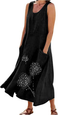 Womens Cotton Linen Long Dress Summer Sleeveless Elegant Flowy