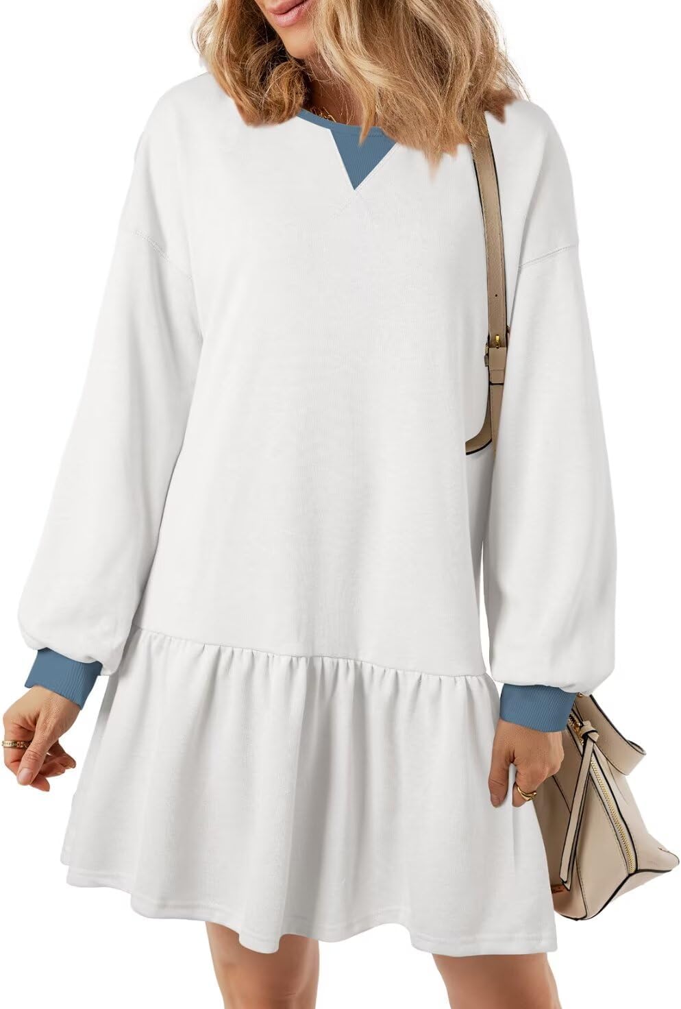 Stylish Womens Long Sleeve Pullover Mini Dress for Fall