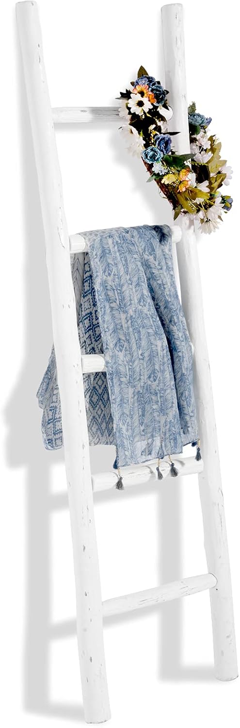 57in Wood Blanket Ladder for Rustic Farmhouse Decor and Storage