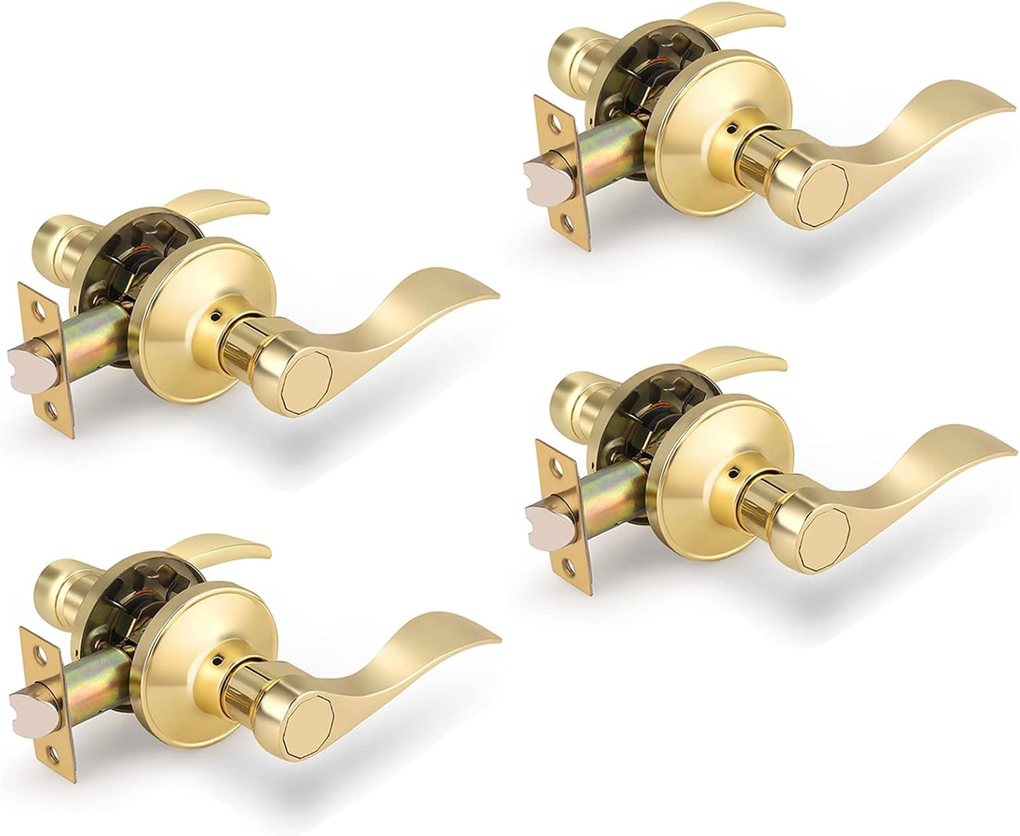 Keyless Closet Hall Levers in Polished Brass - 4 Pack Door Handles