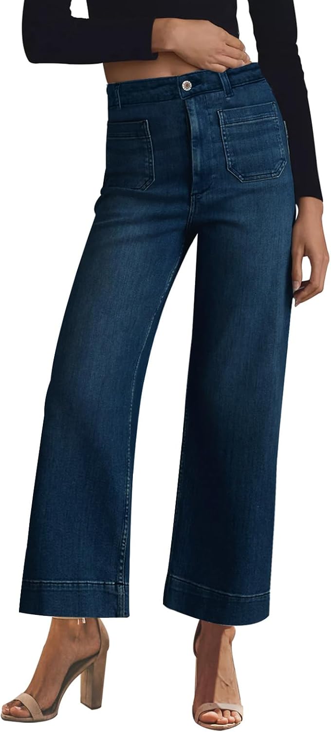 KUNMI Women's High Waisted Wide Leg Stretchy Denim Pants