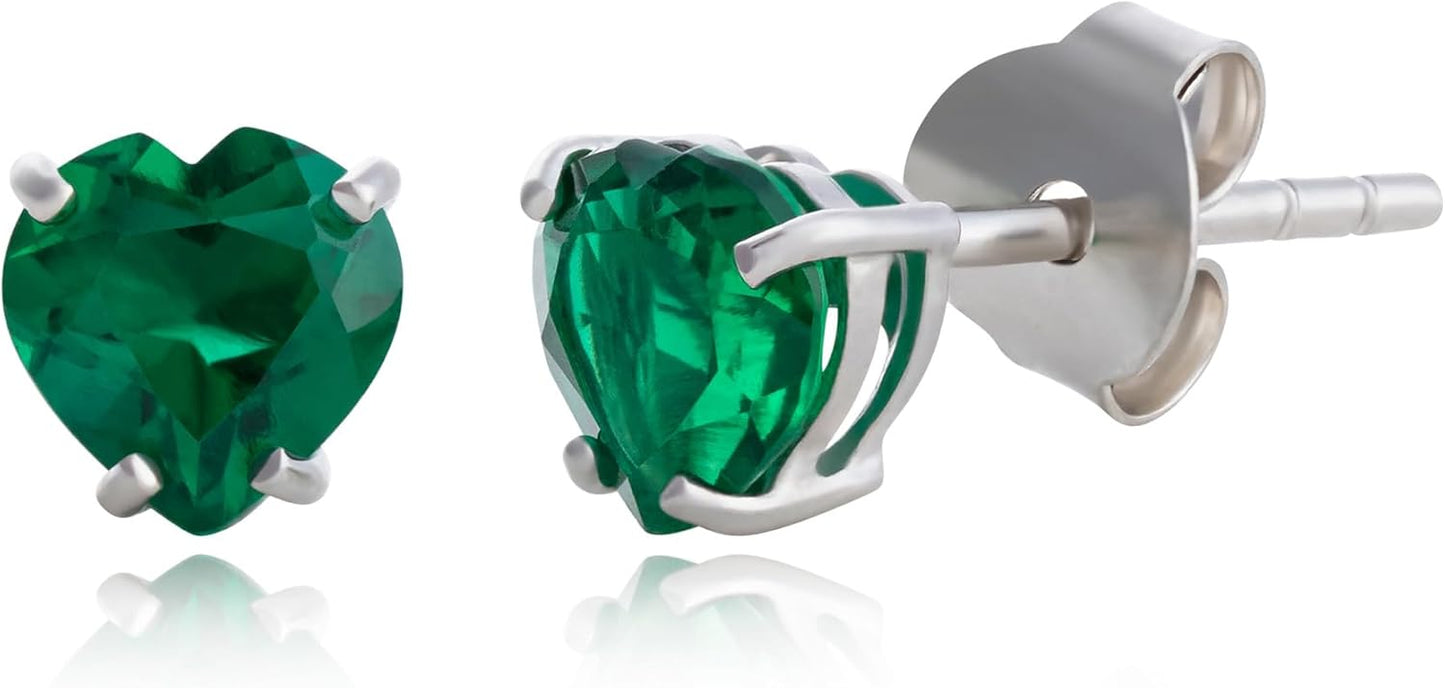 10k White Gold Heart Stud Earrings with Birthstone for Women