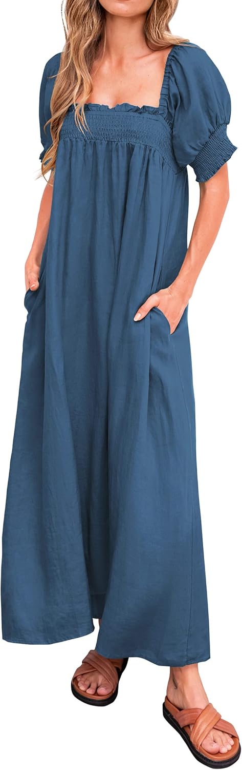 KIRUNDO Women Summer Maxi Dress with Puff Sleeves and Pockets