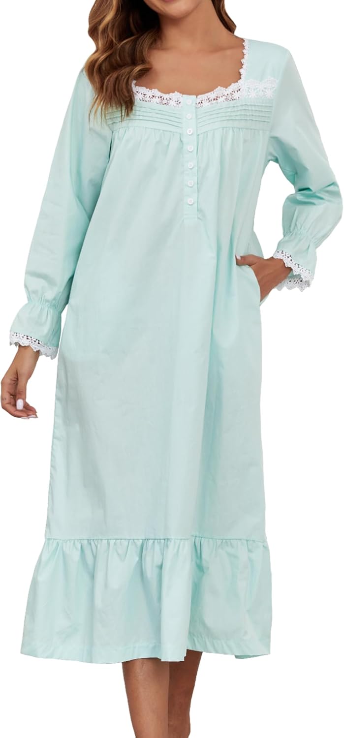 100% Cotton Nightgowns for Women - Victorian Long Sleeve Dress