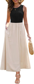 Women's Summer Patchwork Knit Maxi Dress - Sleeveless Crewneck