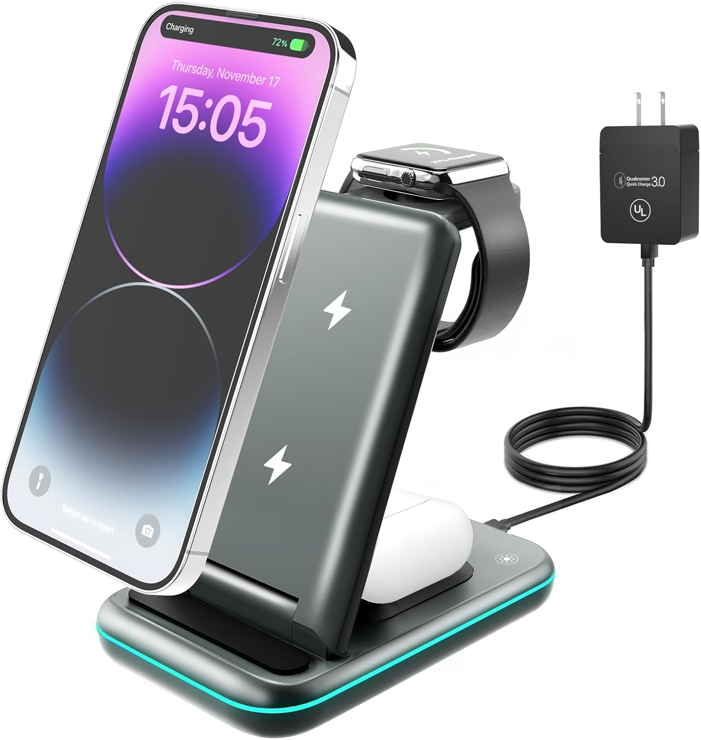Fast Wireless Charging Stand for iPhone, Apple Watch, AirPods - GunGray
