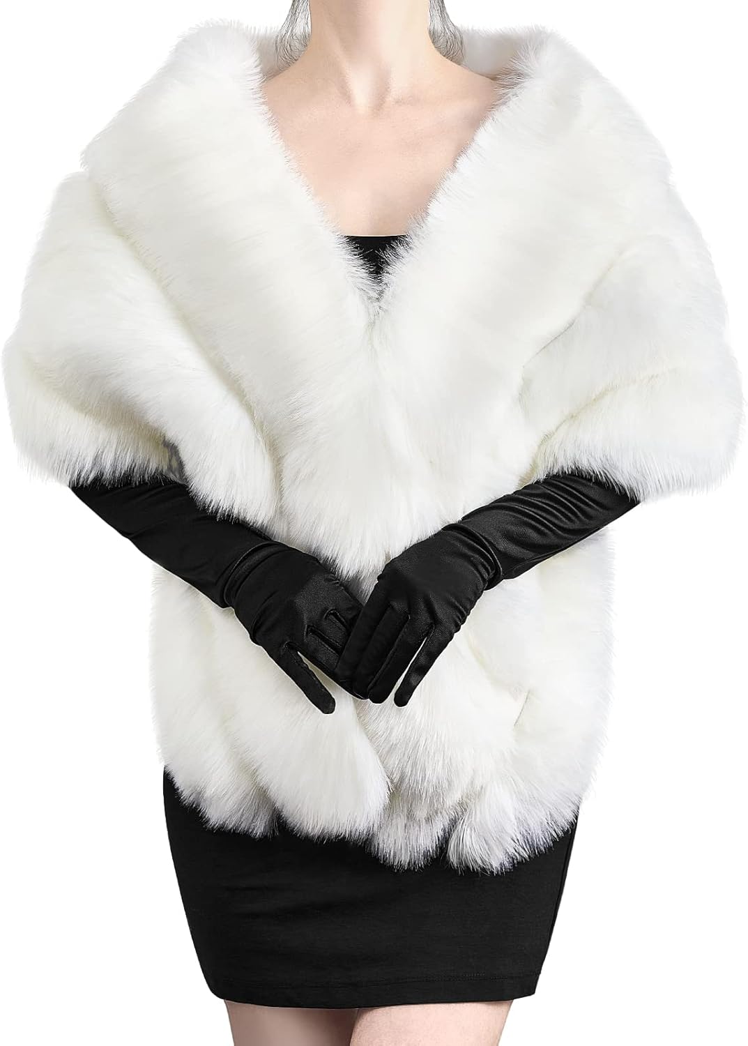 Faux Fur Long Shawl Cloak and Satin Gloves for Elegant Events