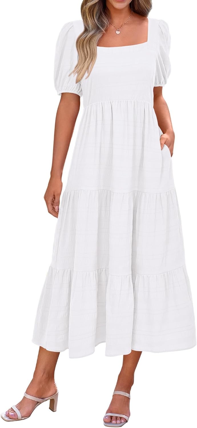 PRETTYGARDEN Women's Summer Dresses 2025 Puff Sleeve Midi Dress