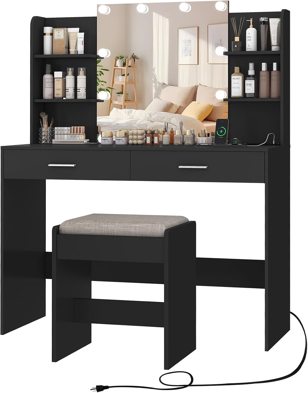 Illuminate Your Glam: Black Vanity Desk & Mirror