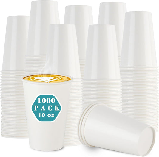 1000 Pack 10oz Paper Coffee Cups - Hot & Cold Drinks, White, Bulk for Office & Parties