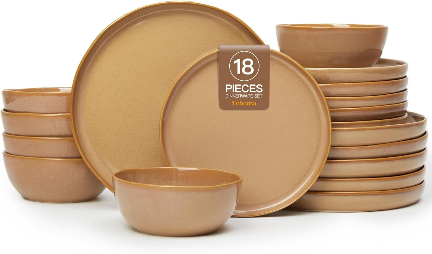 18 Piece Rustic Taupe Plates and Bowls Set for Inviting Dining