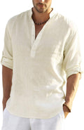 Men's Cotton Linen Henley T-Shirt Long Sleeve - Breathable Beach Fit