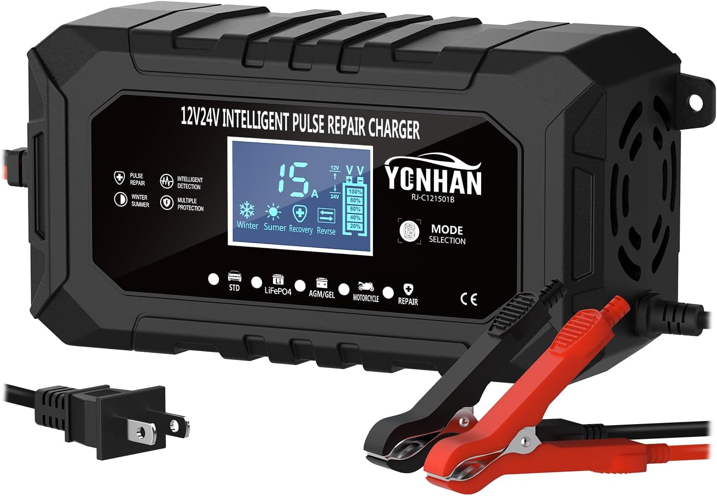 YONHAN 15-Amp Battery Charger for LiFePO4 and Lead Acid
