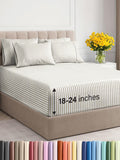 Extra Deep King Sheet Set Beige Striped - 6 Piece Cooling Luxury