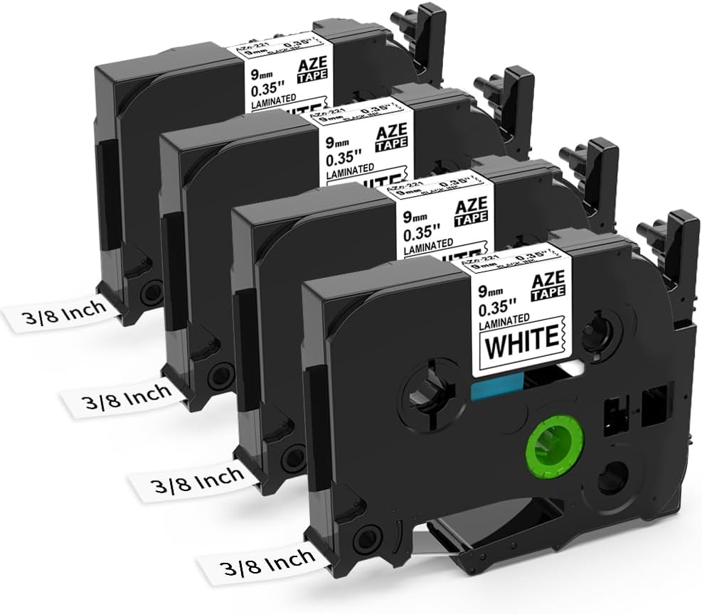 4 Pack Brother P Touch Label Tape Refills - Easy Organization with Laminated White Tape TZe-221
