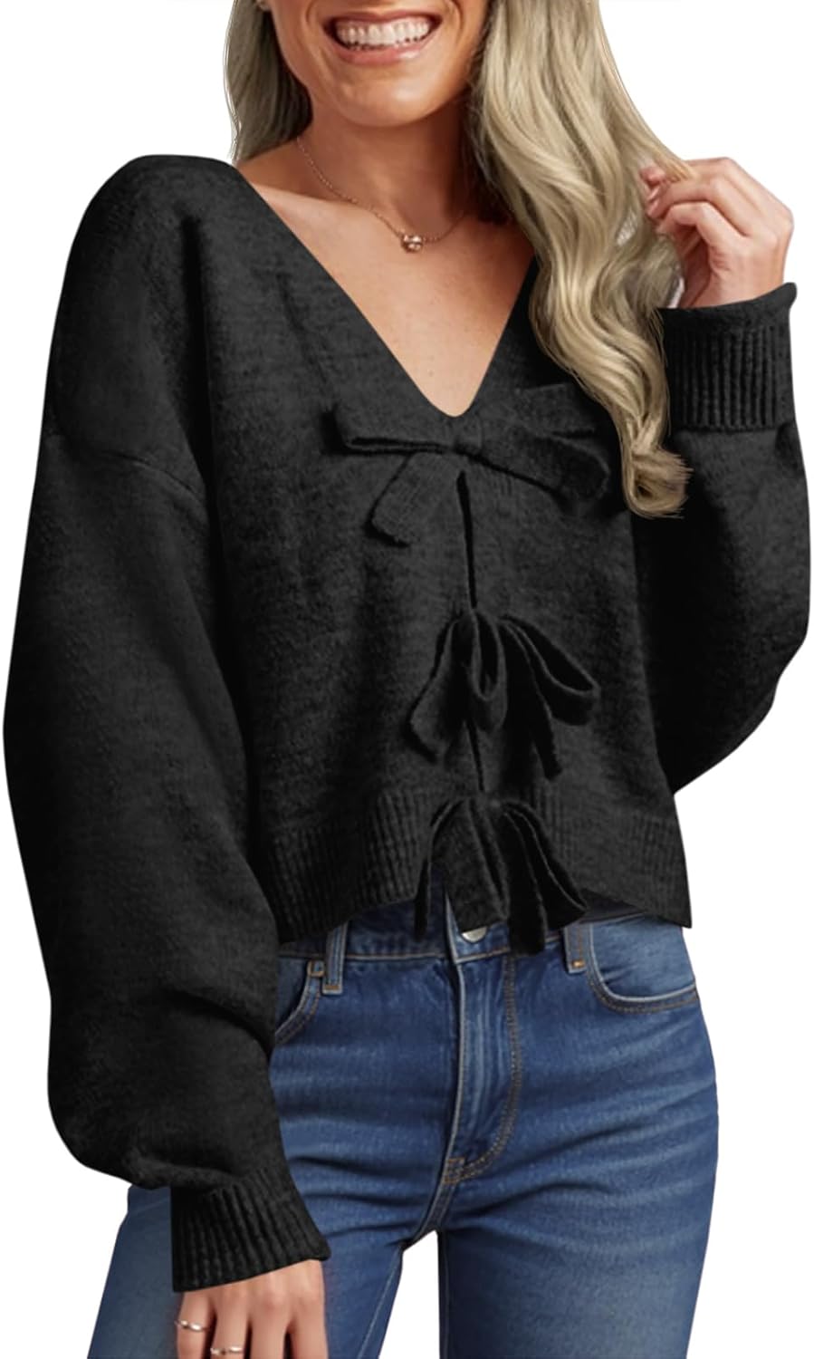 Saodimallsu Womens Bow Sweater Cropped V Neck Long Sleeve Cozy