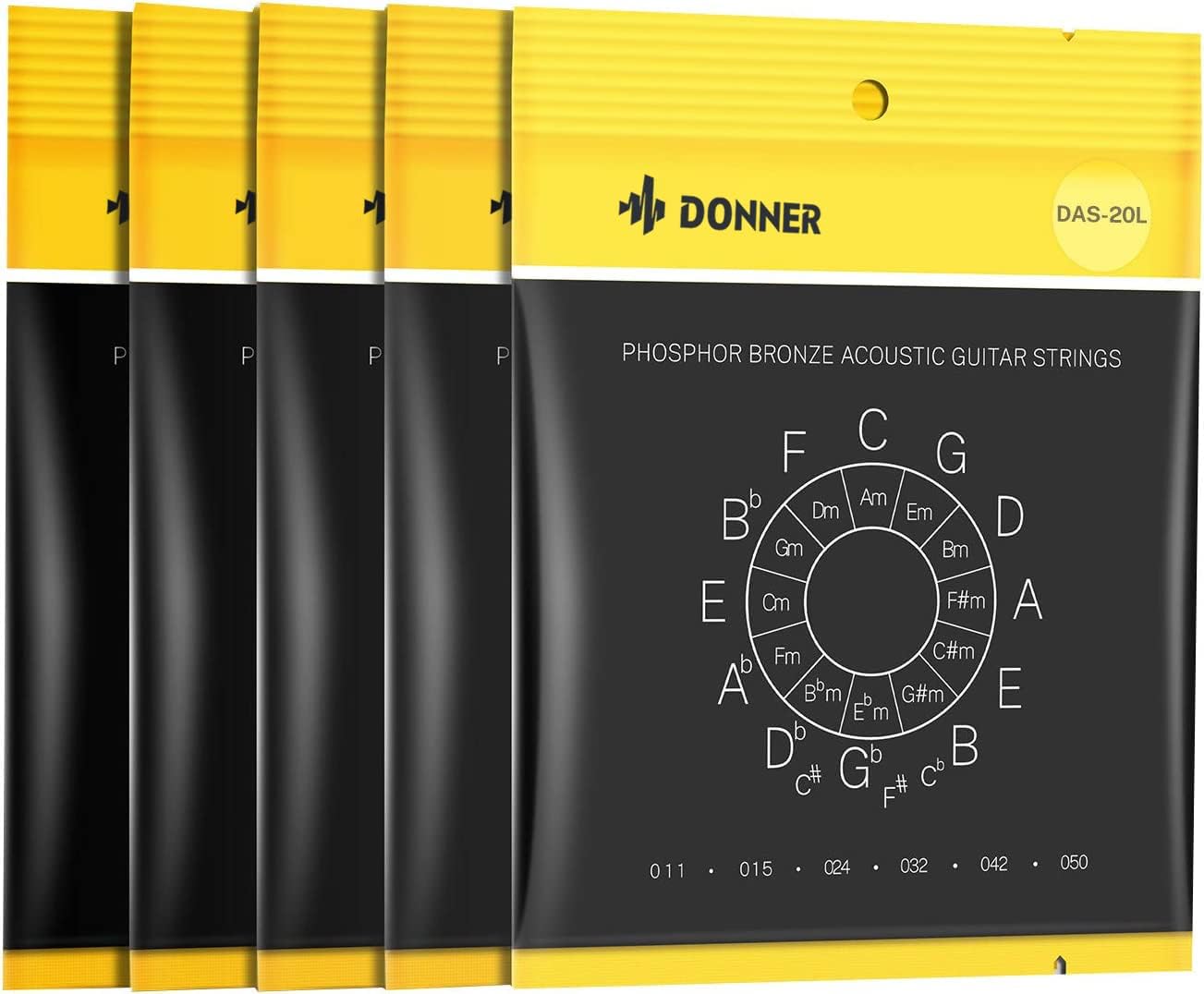 Donner Acoustic Guitar Strings 5-Pack - Warm Tone, Phosphor Bronze Coated