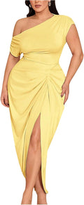 Floerns Women's Plus Size Asymmetrical Neck Long Dress - Ruched Slit