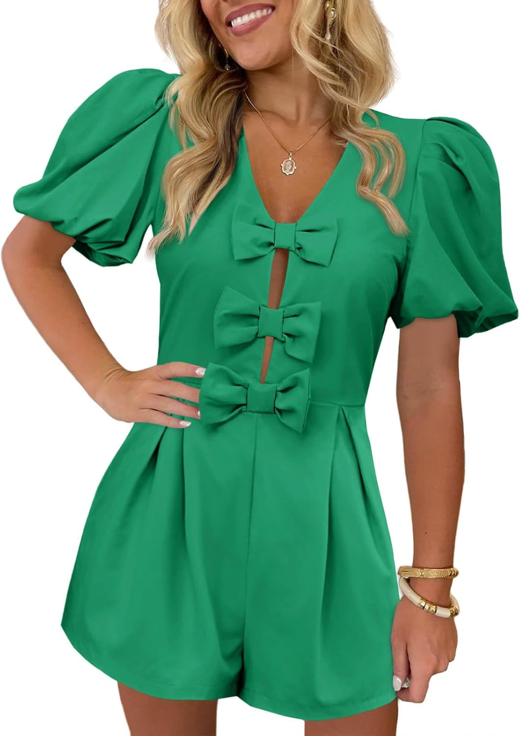 Cicy Bell Womens Cute Rompers with Bow Front and Puff Sleeves