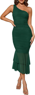ZESICA Women's One Shoulder Mesh Ruched Bodycon Midi Dress - Sexy Fit