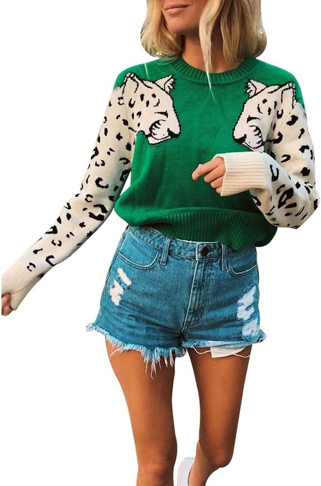 Womens Casual Leopard Print Knitted Pullover Sweaters for Style