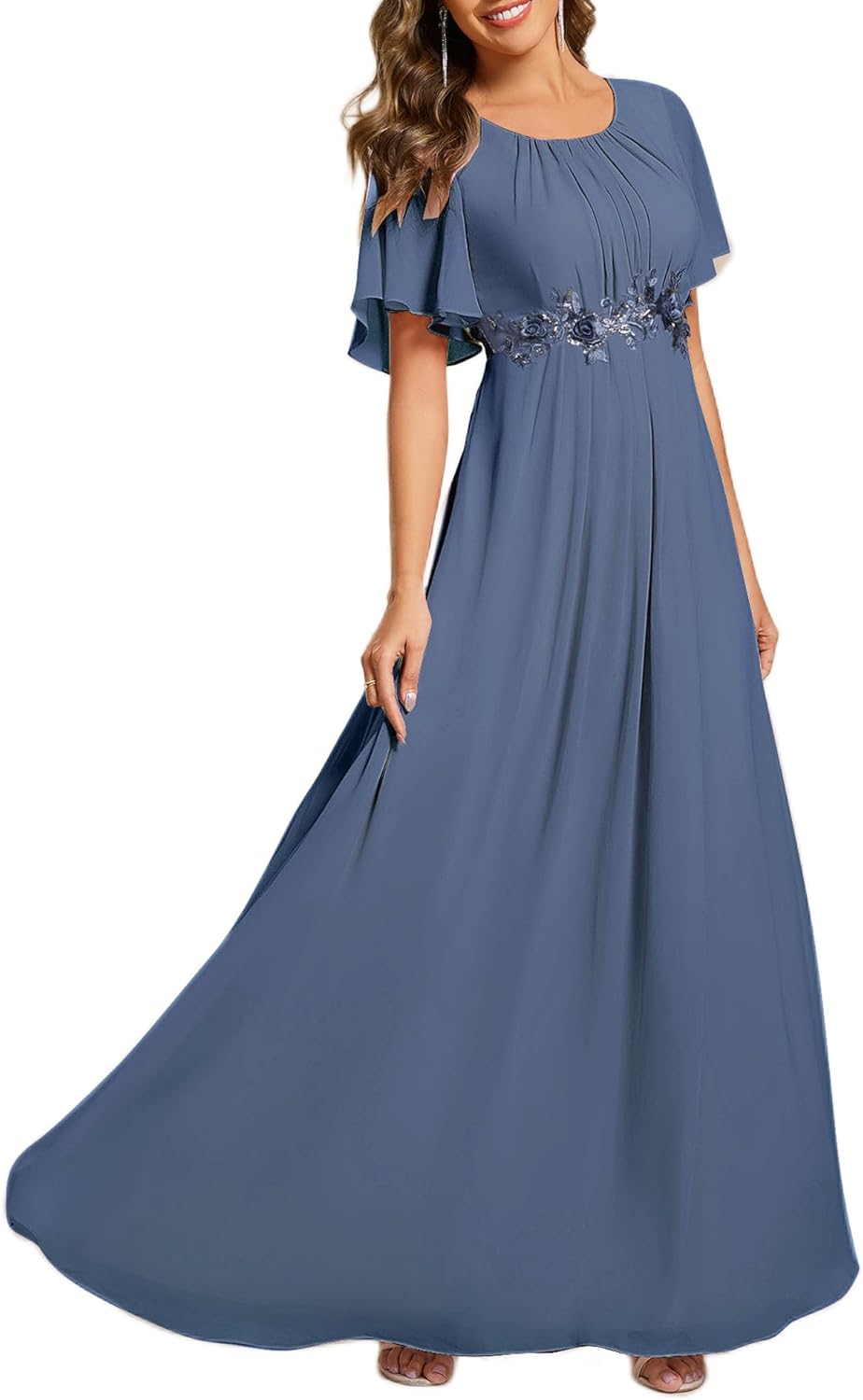 Elegant Chiffon Evening Dress with Floral Appliques for Women
