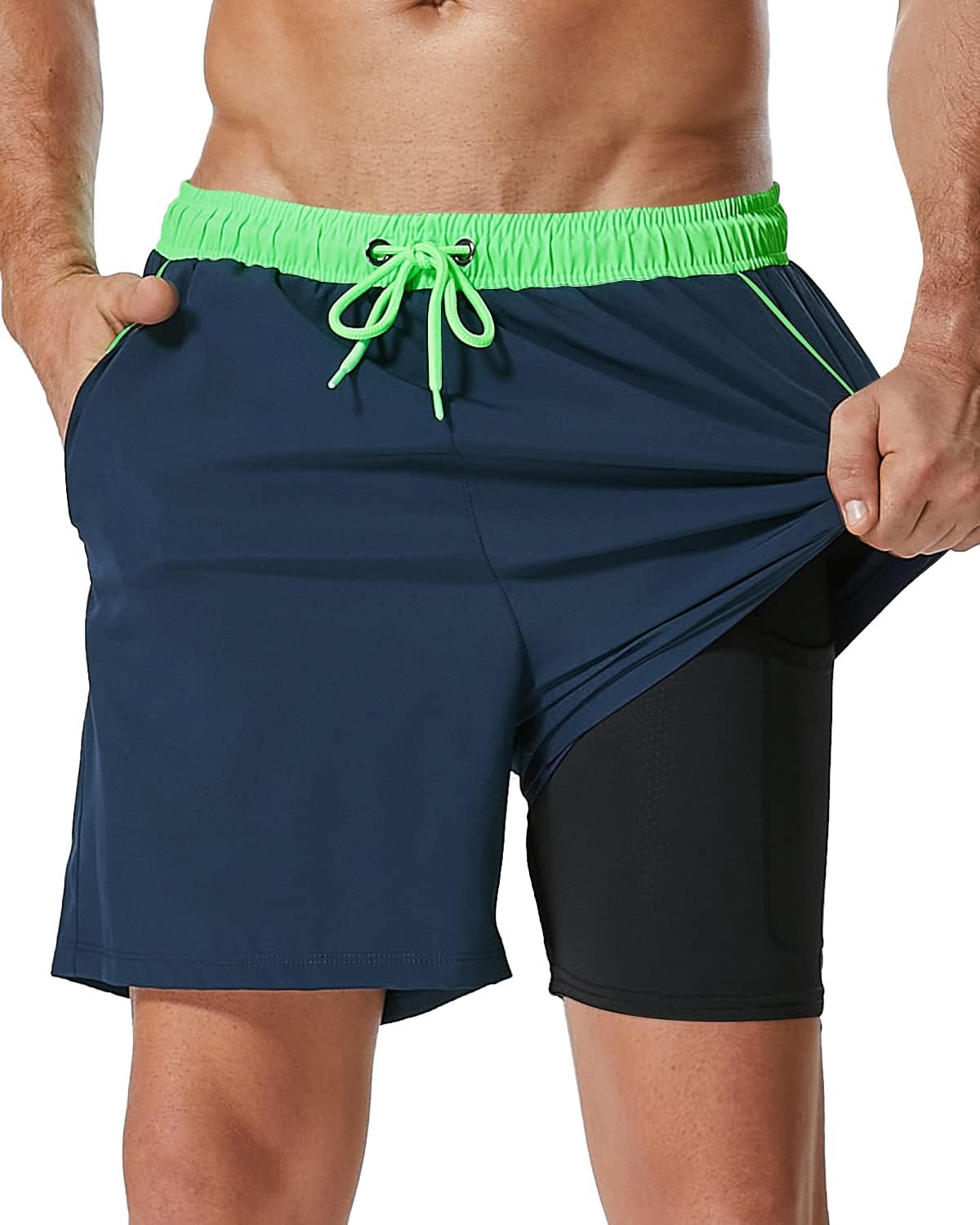 SILKWORLD Mens Swim Trunks with Compression Liner for Comfort