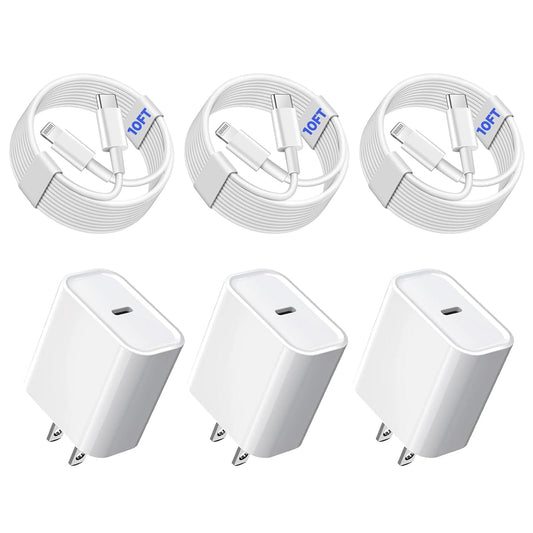 3Pack iPhone Fast Charger with 10FT USB C to Lightning Cable
