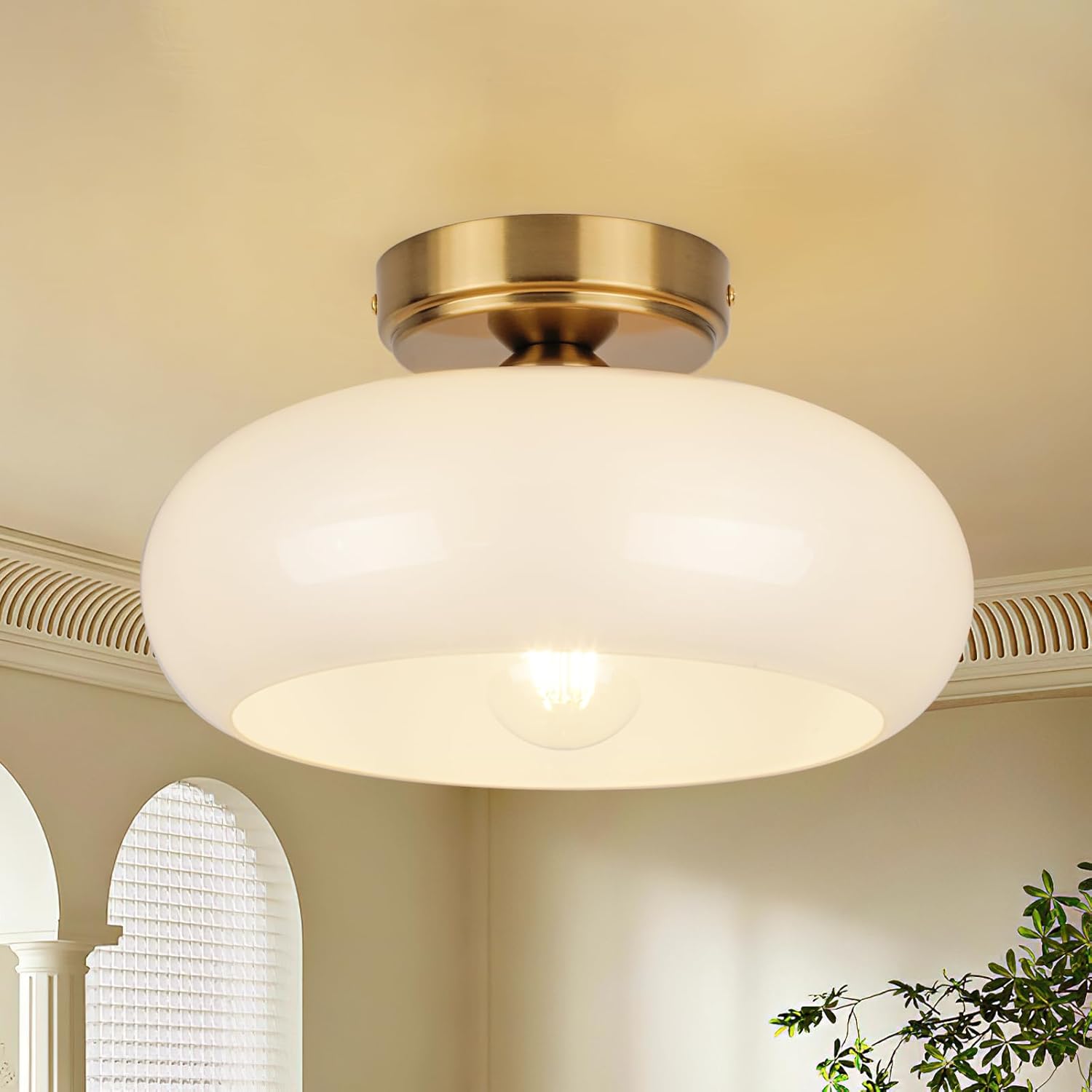 Vintage Mid-Century Gold Semi Flush Mount Ceiling Light Fixture