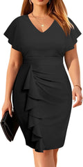 Plus Size Cocktail Dress - Wedding Guest Bodycon Ruffle V-Neck