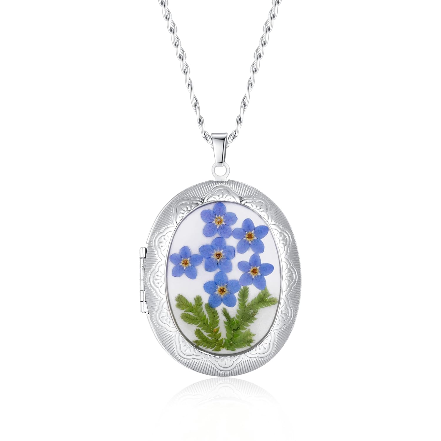 Locket Necklace Photo Lockets with Forget-Me-Not Flowers